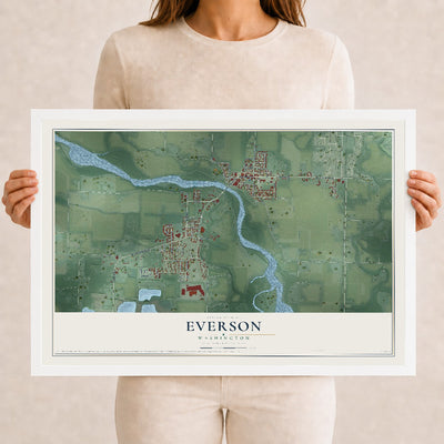 Map of Everson, Washington, 12 x 18 inch print in a white wood frame