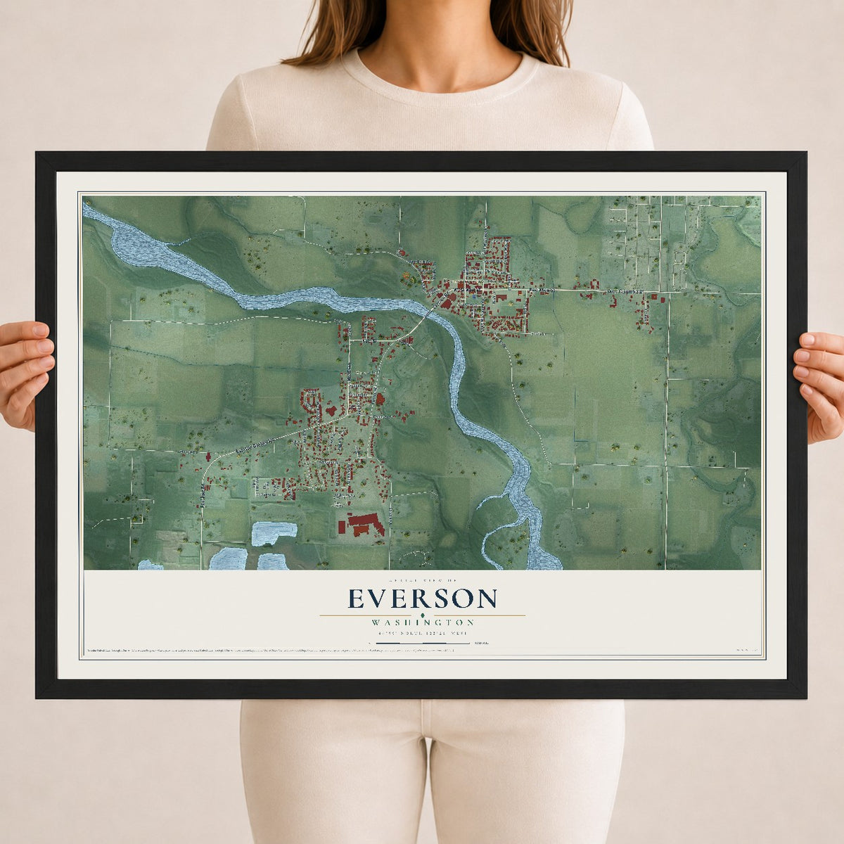 Map of Everson, Washington, 18 x 24 inch print in a black wood frame