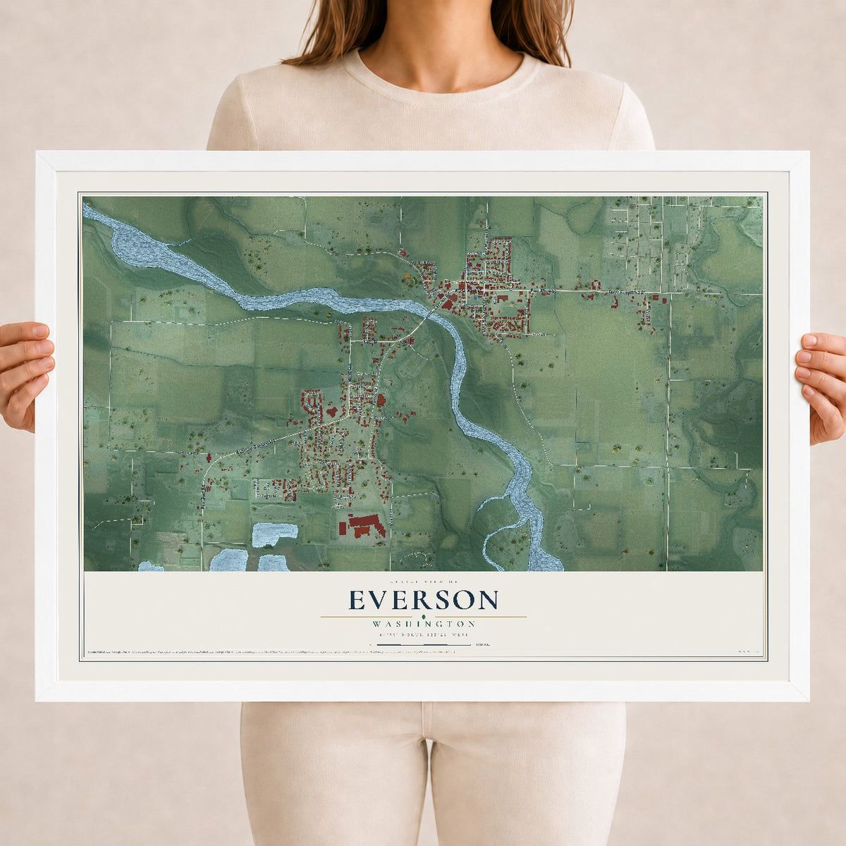 Map of Everson, Washington, 18 x 24 inch print in a white wood frame