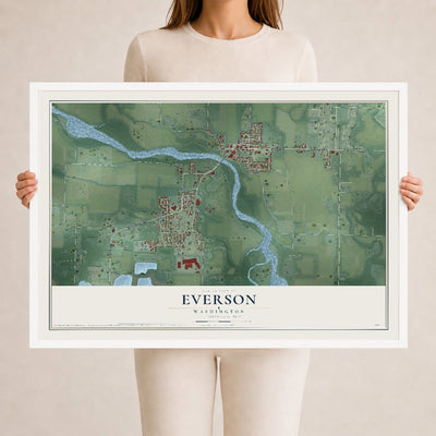 Map of Everson, Washington, 24 x 36 inch print in a white wood frame