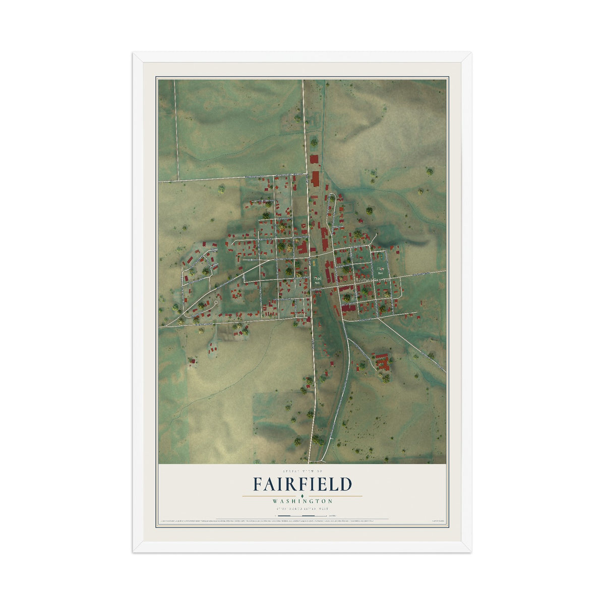 Map of Fairfield, Washington, 12 x 18 inch print in a white wood frame