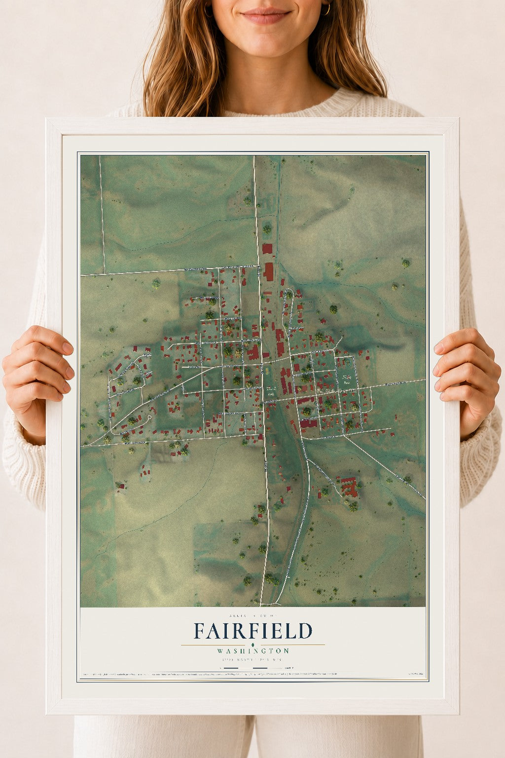 Map of Fairfield, Washington, 18 x 24 inch print in a white wood frame