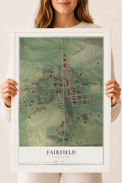 Map of Fairfield, Washington, 18 x 24 inch print in a white wood frame