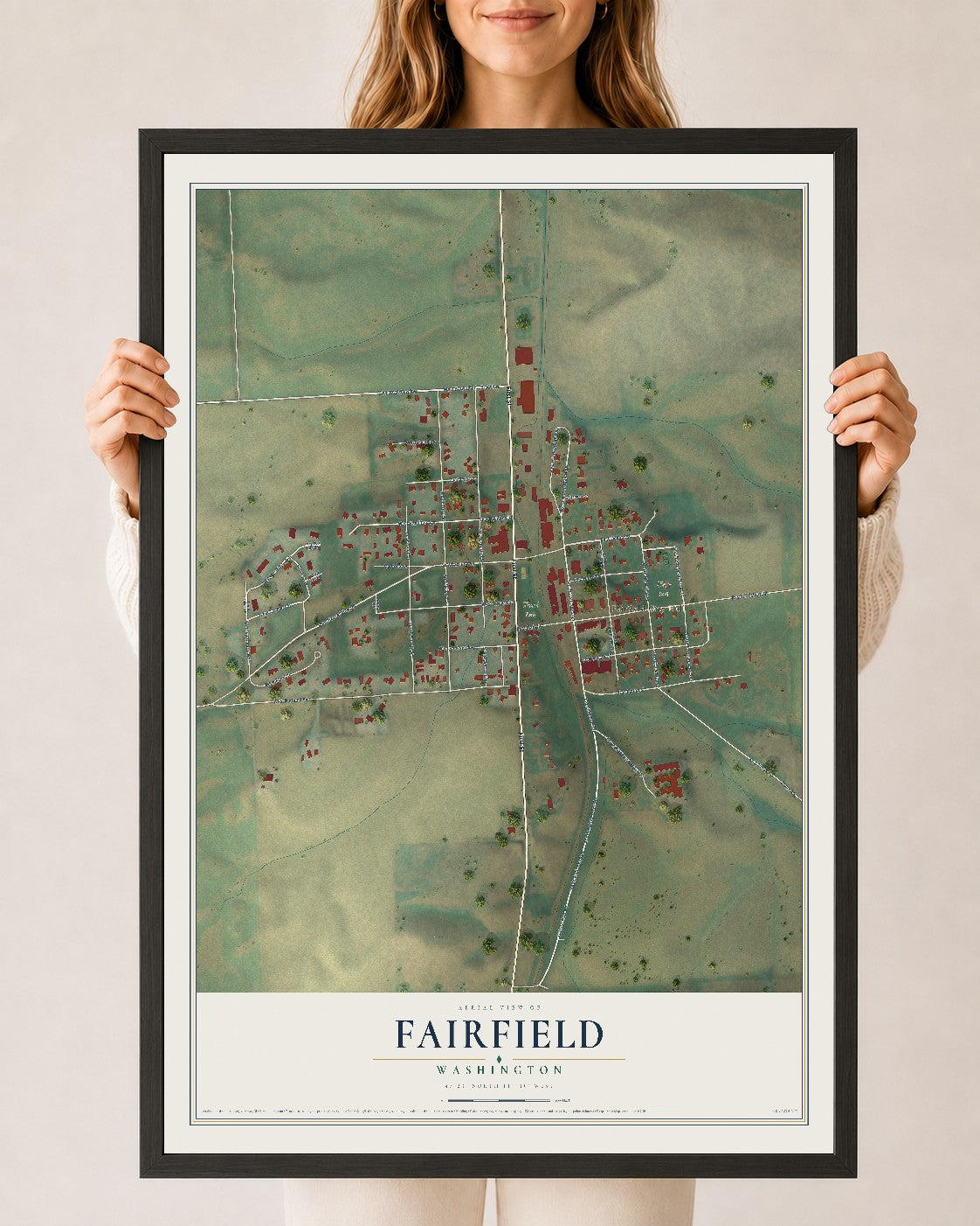 Map of Fairfield, Washington, 24 x 36 inch print in a black wood frame