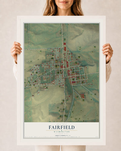 Map of Fairfield, Washington, 24 x 36 inch print in a white wood frame