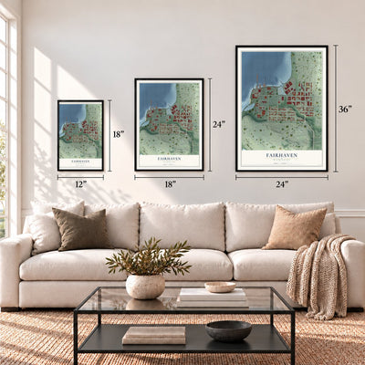 Fairhaven, Washington map in 12 x 18, 18 x 24 and 24 x 36 inch sizes above a sofa