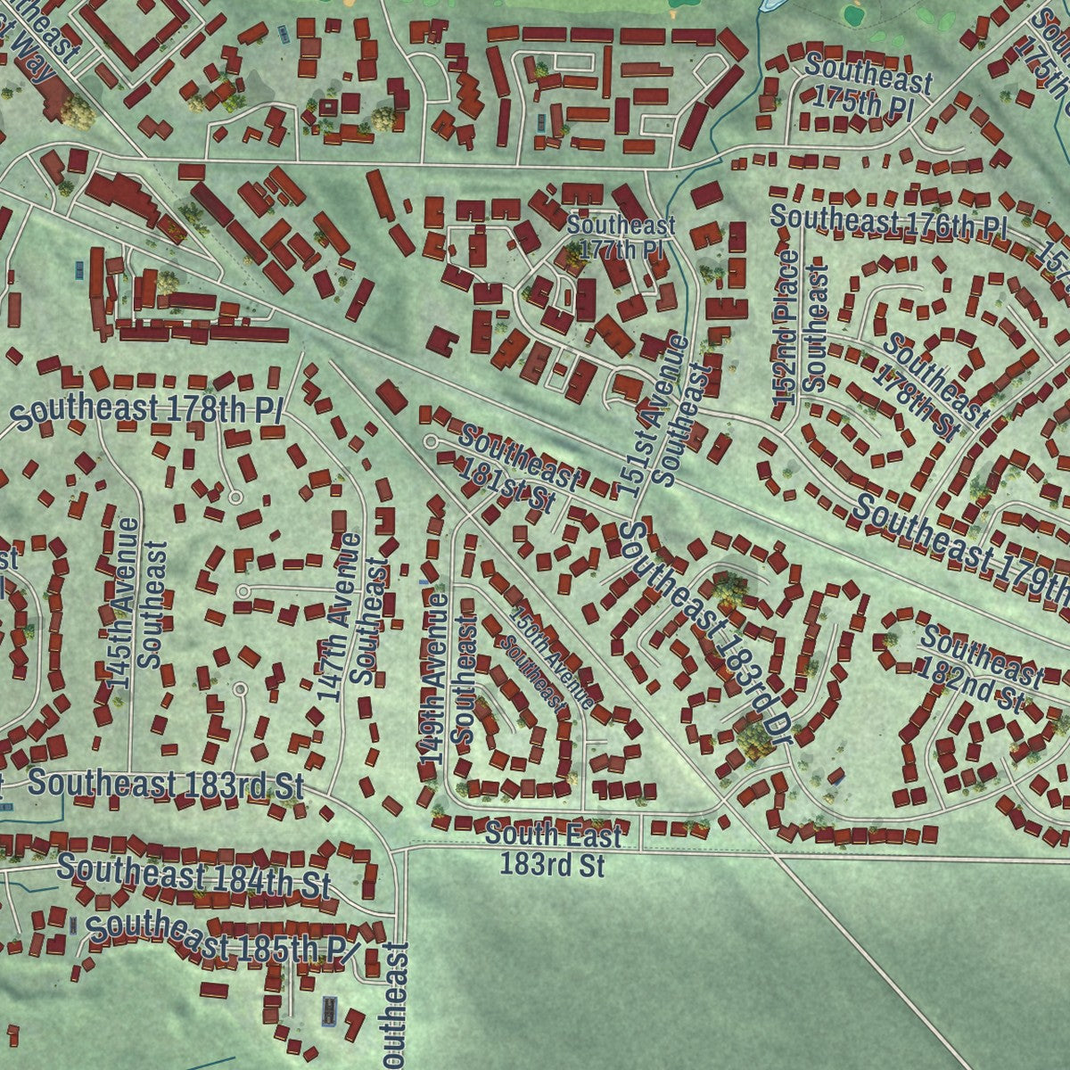 Close-up of the map of Fairwood, Washington print showing street and building detail