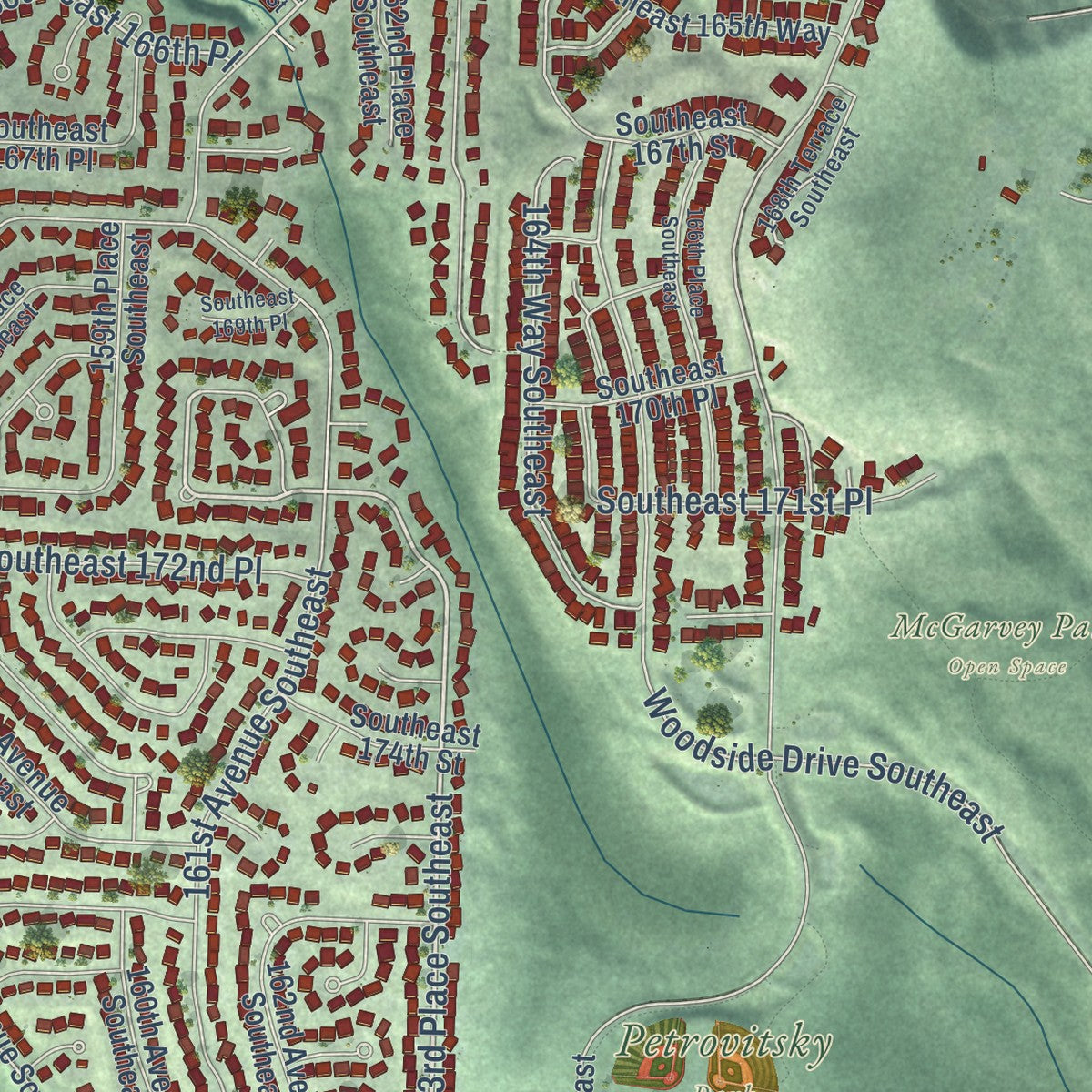 Second close-up of the map of Fairwood, Washington print showing more streets and buildings