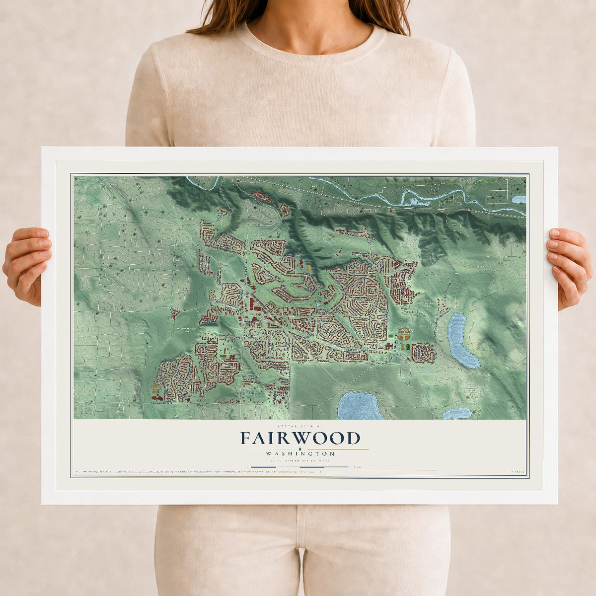 Map of Fairwood, Washington, 12 x 18 inch print in a white wood frame