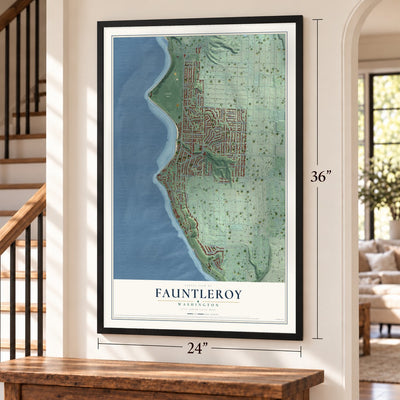 Fauntleroy, Washington map, 24 x 36 inch print in a black frame by a staircase