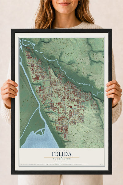 Map of Felida, Washington, 18 x 24 inch print in a black wood frame