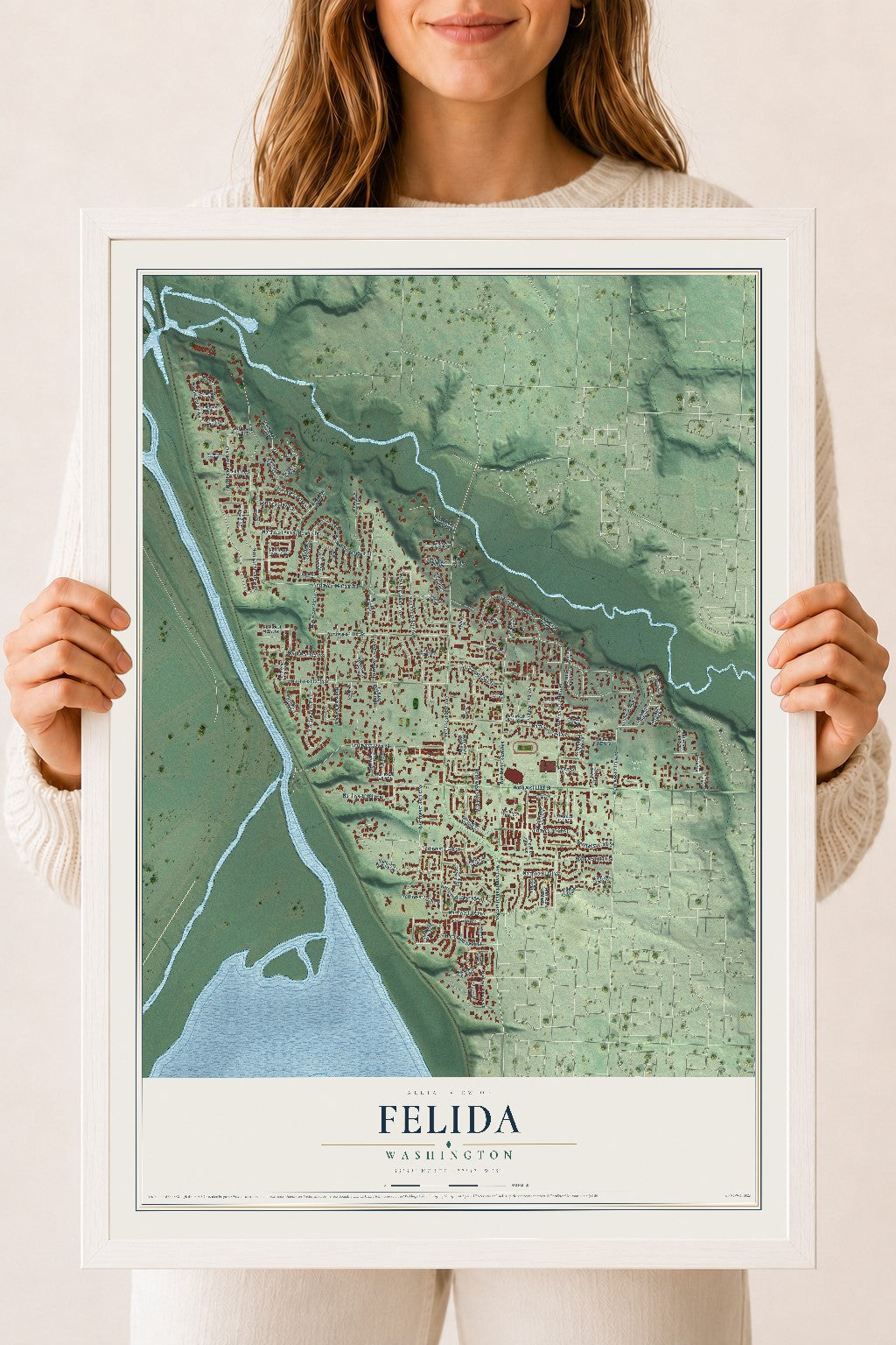 Map of Felida, Washington, 18 x 24 inch print in a white wood frame