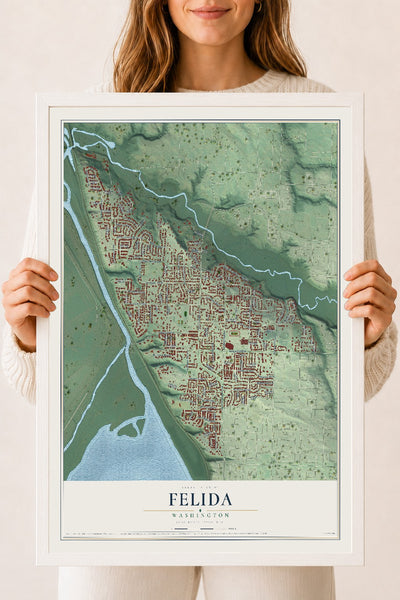 Map of Felida, Washington, 18 x 24 inch print in a white wood frame