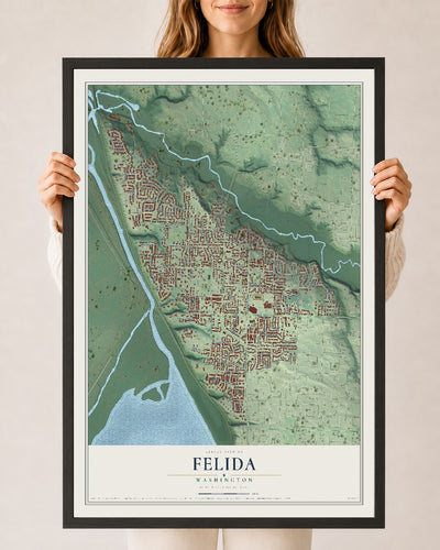 Map of Felida, Washington, 24 x 36 inch print in a black wood frame