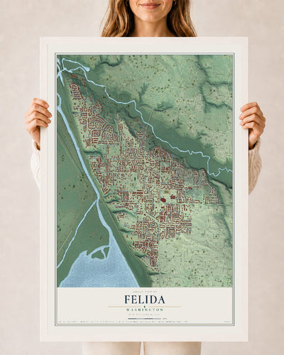 Map of Felida, Washington, 24 x 36 inch print in a white wood frame