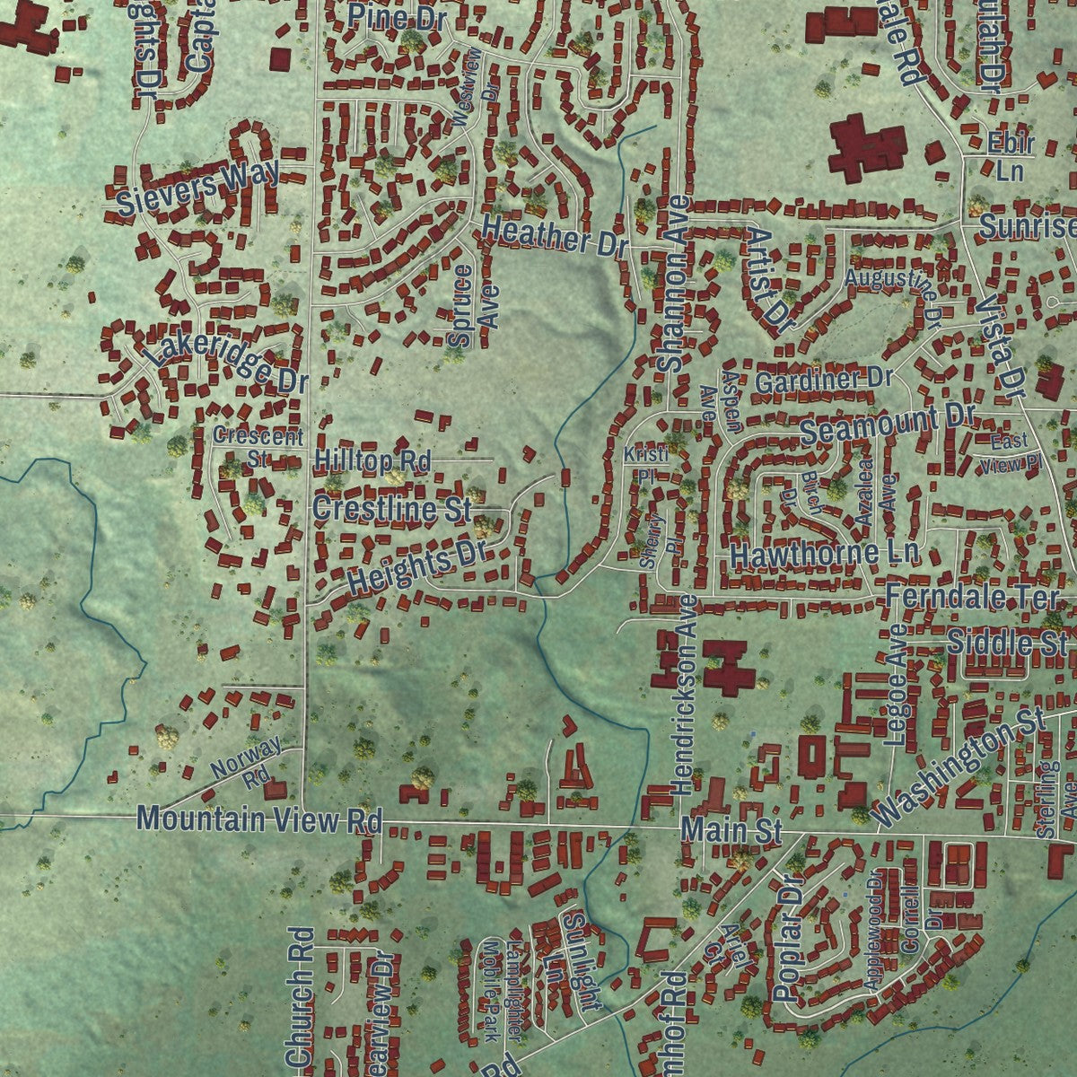 Close-up of the map of Ferndale, Washington print showing street and building detail