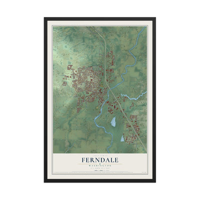 Map of Ferndale, Washington, 12 x 18 inch print in a black wood frame