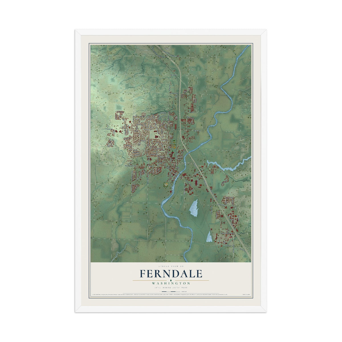 Map of Ferndale, Washington, 12 x 18 inch print in a white wood frame
