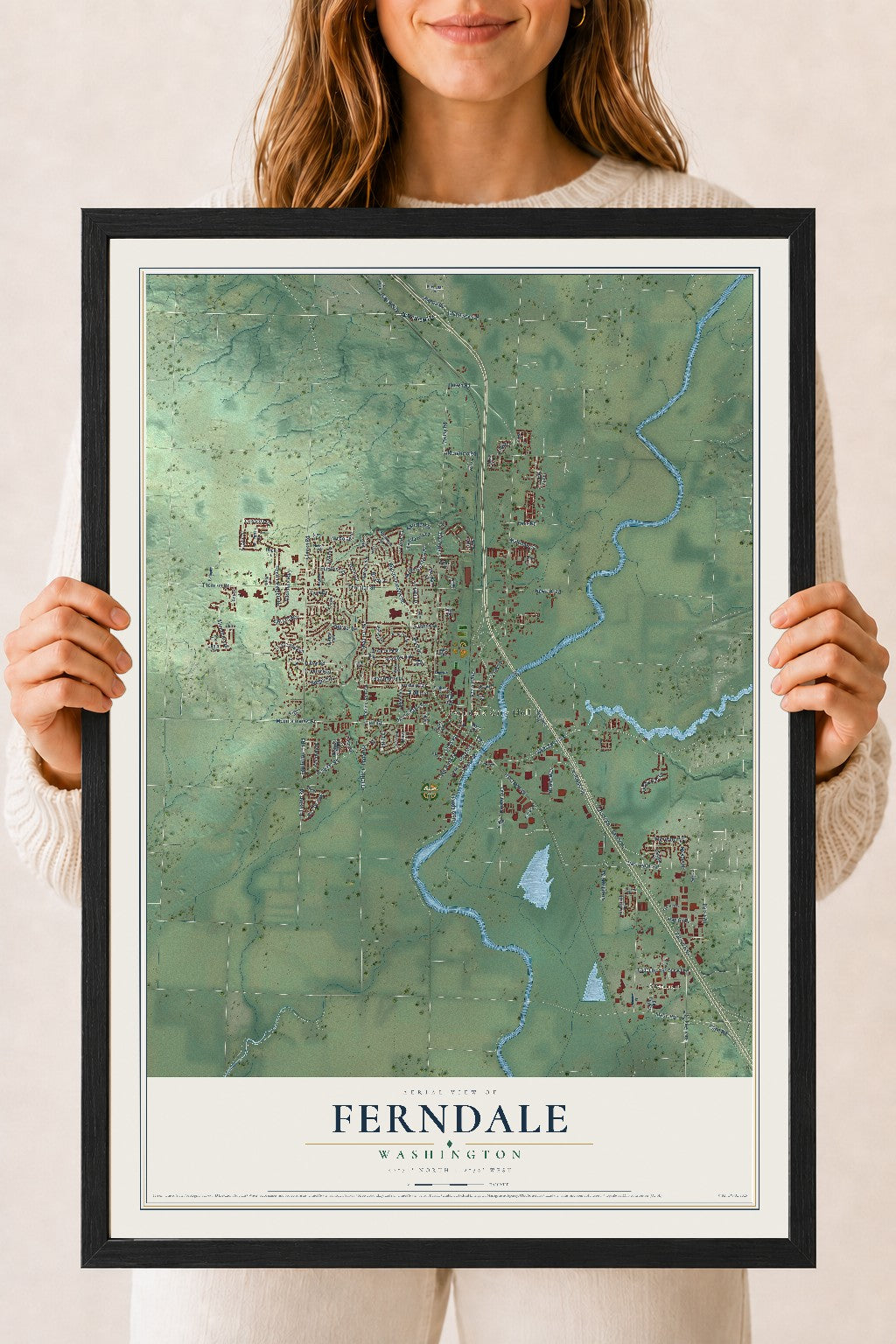 Map of Ferndale, Washington, 18 x 24 inch print in a black wood frame