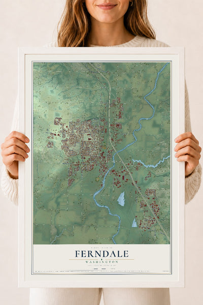 Map of Ferndale, Washington, 18 x 24 inch print in a white wood frame
