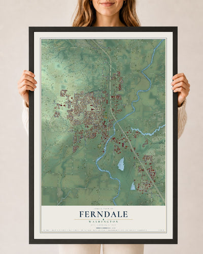 Map of Ferndale, Washington, 24 x 36 inch print in a black wood frame