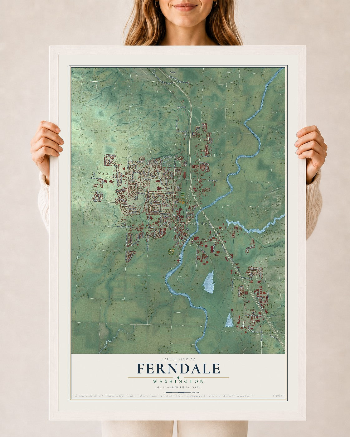 Map of Ferndale, Washington, 24 x 36 inch print in a white wood frame