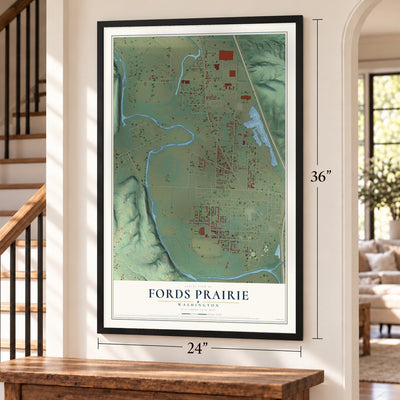 Fords Prairie, Washington map, 24 x 36 inch print in a black frame by a staircase