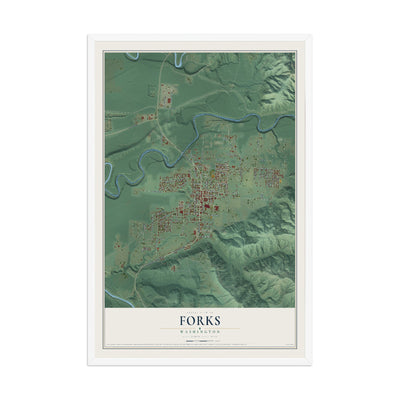 Map of Forks, Washington, 12 x 18 inch print in a white wood frame