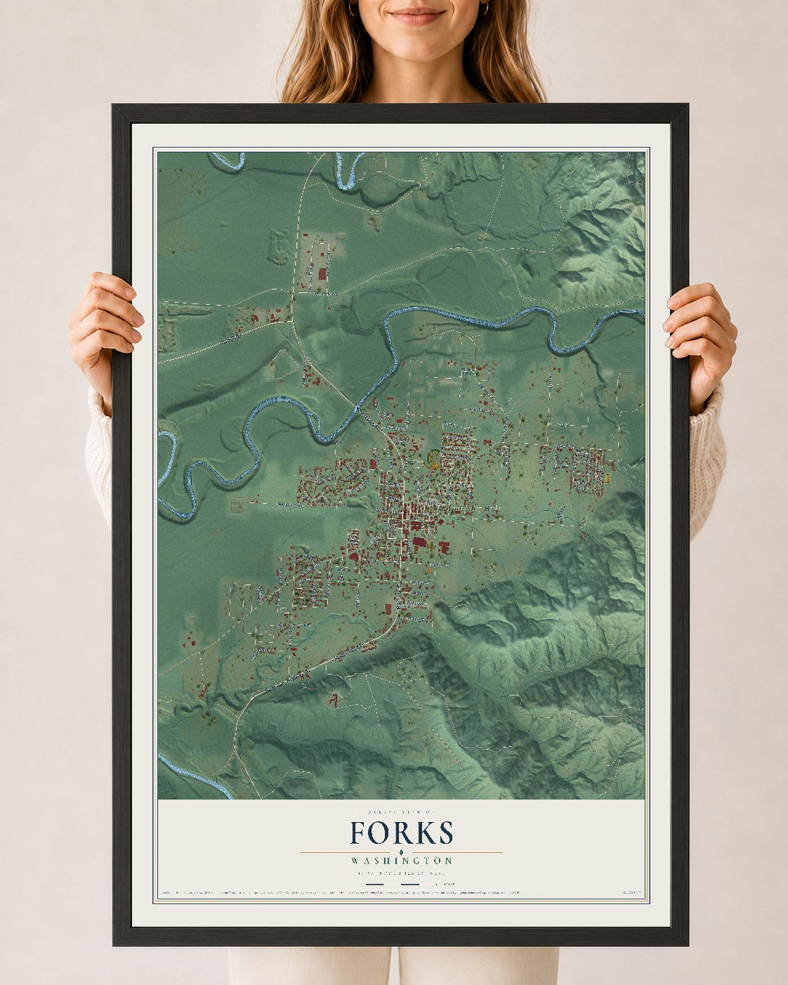 Map of Forks, Washington, 24 x 36 inch print in a black wood frame