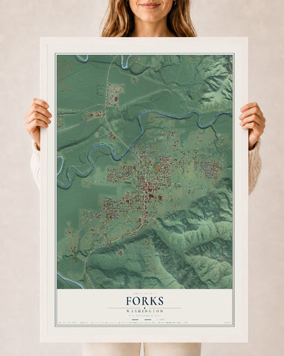 Map of Forks, Washington, 24 x 36 inch print in a white wood frame