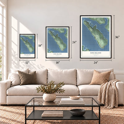 Fox Island, Washington map in 12 x 18, 18 x 24 and 24 x 36 inch sizes above a sofa