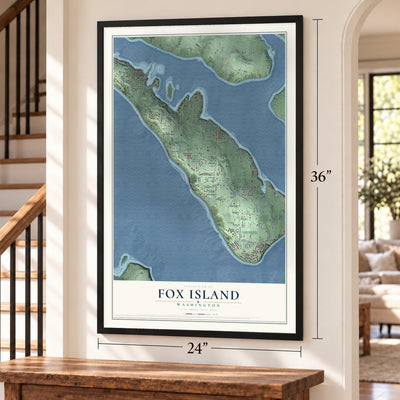 Fox Island, Washington map, 24 x 36 inch print in a black frame by a staircase