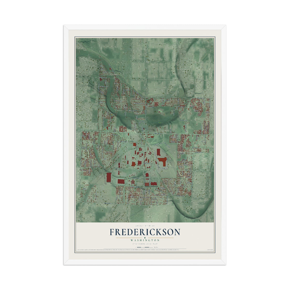 Map of Frederickson, Washington, 12 x 18 inch print in a white wood frame