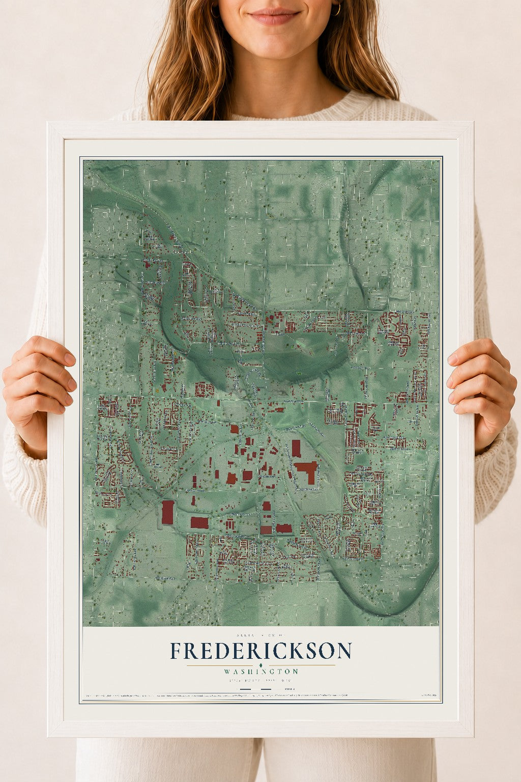 Map of Frederickson, Washington, 18 x 24 inch print in a white wood frame