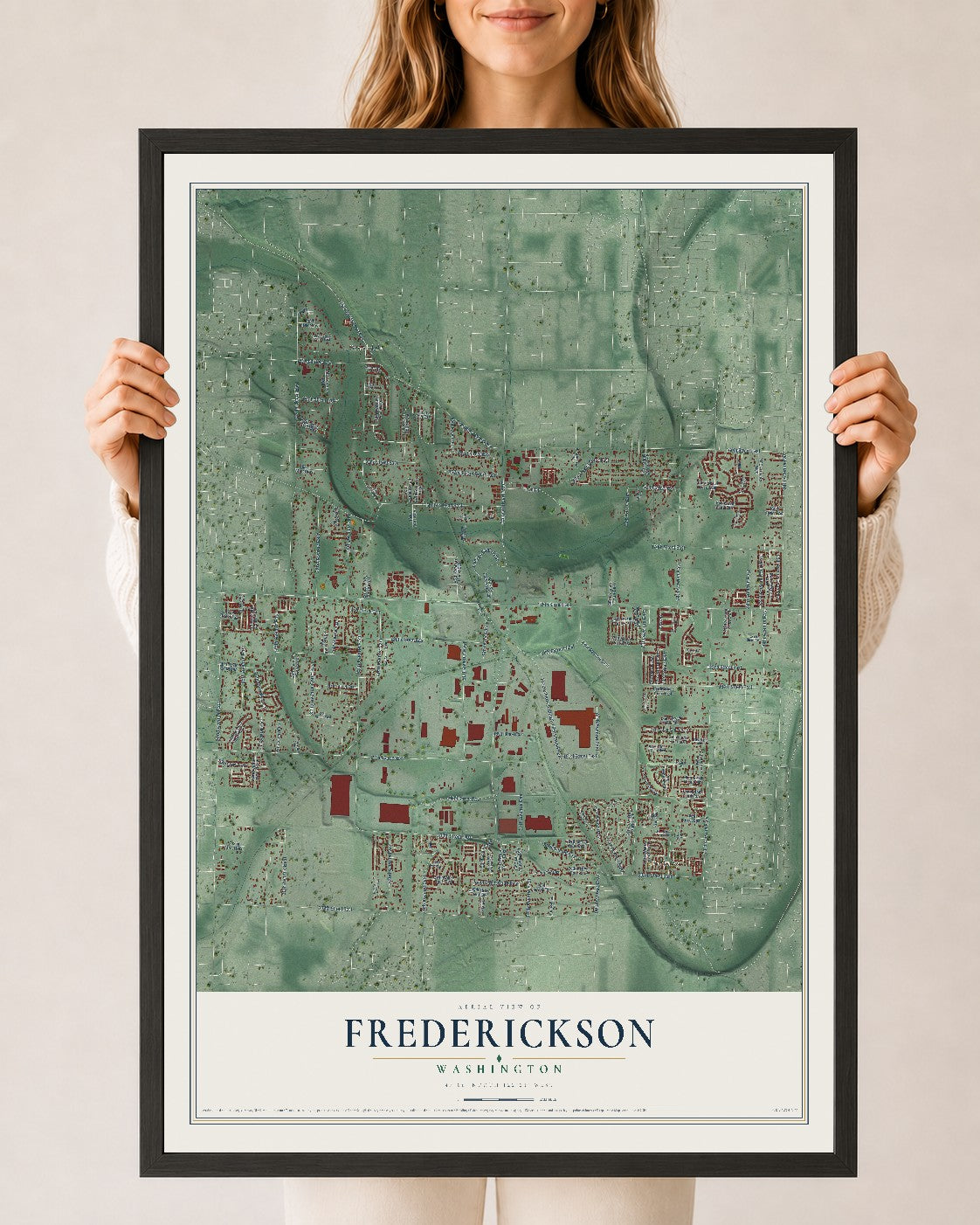 Map of Frederickson, Washington, 24 x 36 inch print in a black wood frame