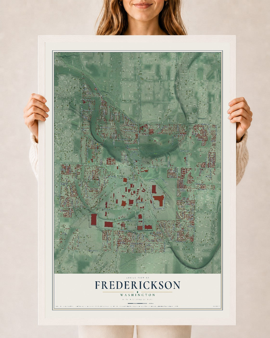 Map of Frederickson, Washington, 24 x 36 inch print in a white wood frame