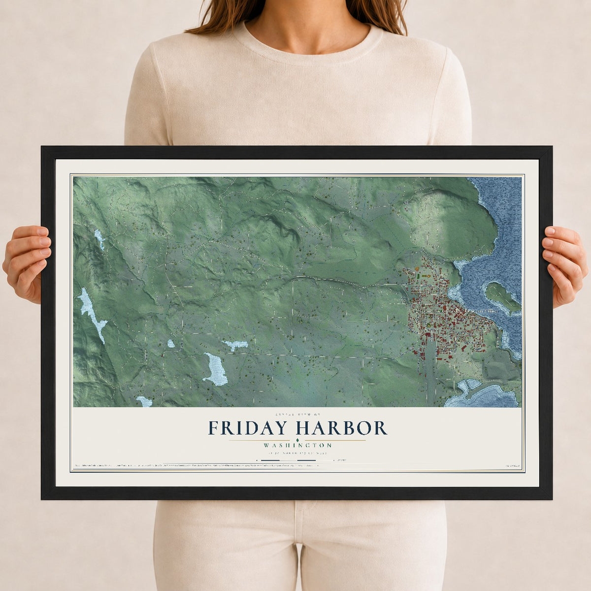 Map of Friday Harbor, Washington, 12 x 18 inch print in a black wood frame