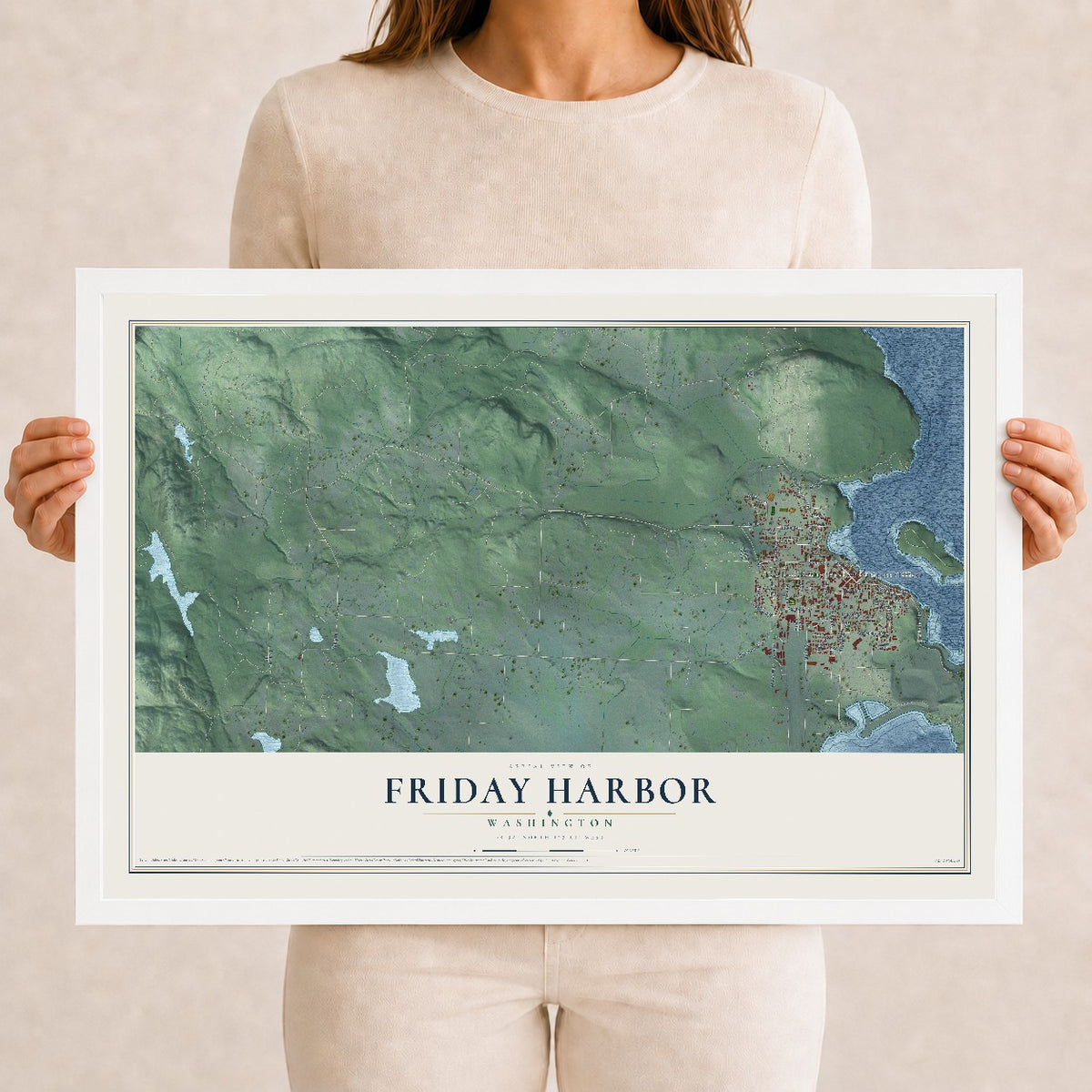 Map of Friday Harbor, Washington, 12 x 18 inch print in a white wood frame
