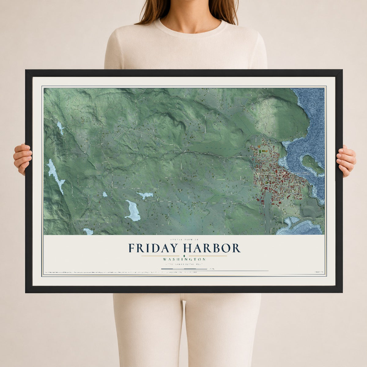Map of Friday Harbor, Washington, 24 x 36 inch print in a black wood frame