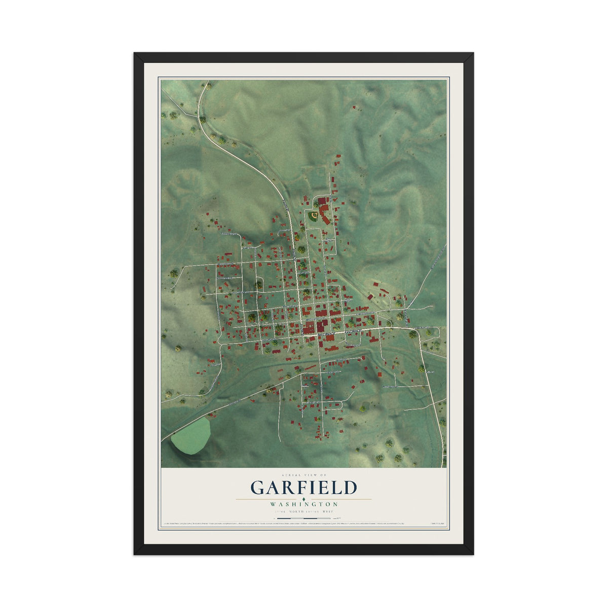 Map of Garfield, Washington, 12 x 18 inch print in a black wood frame