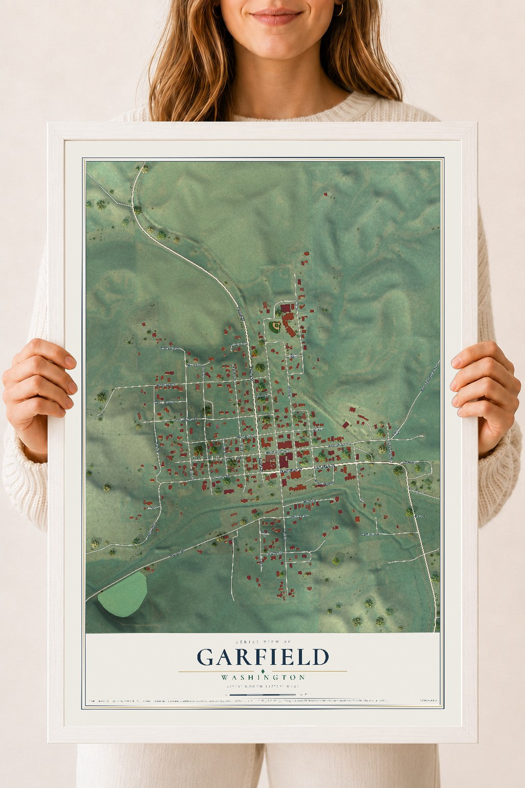 Map of Garfield, Washington, 18 x 24 inch print in a white wood frame