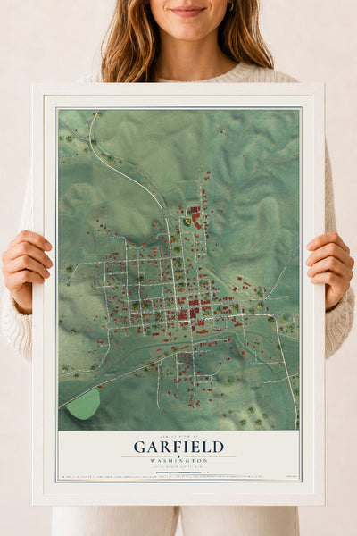 Map of Garfield, Washington, 18 x 24 inch print in a white wood frame