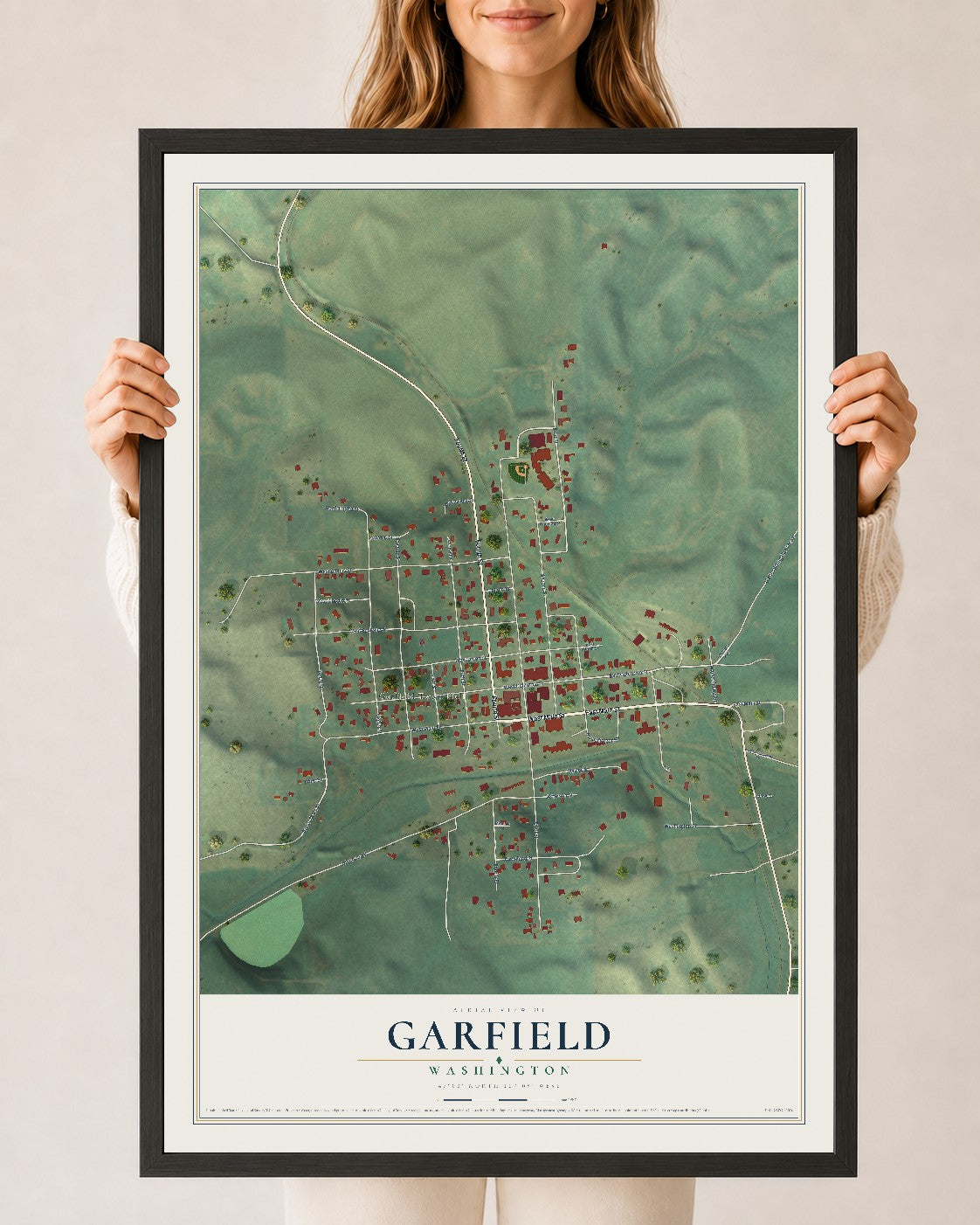 Map of Garfield, Washington, 24 x 36 inch print in a black wood frame