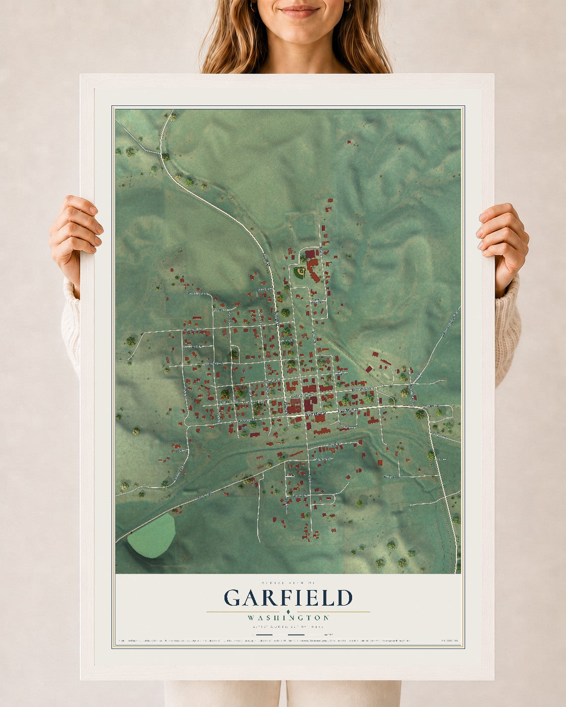 Map of Garfield, Washington, 24 x 36 inch print in a white wood frame