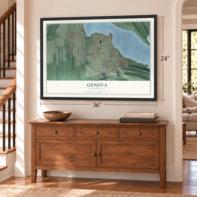 Geneva, Washington map, 24 x 36 inch print in a black frame above a dresser by a staircase
