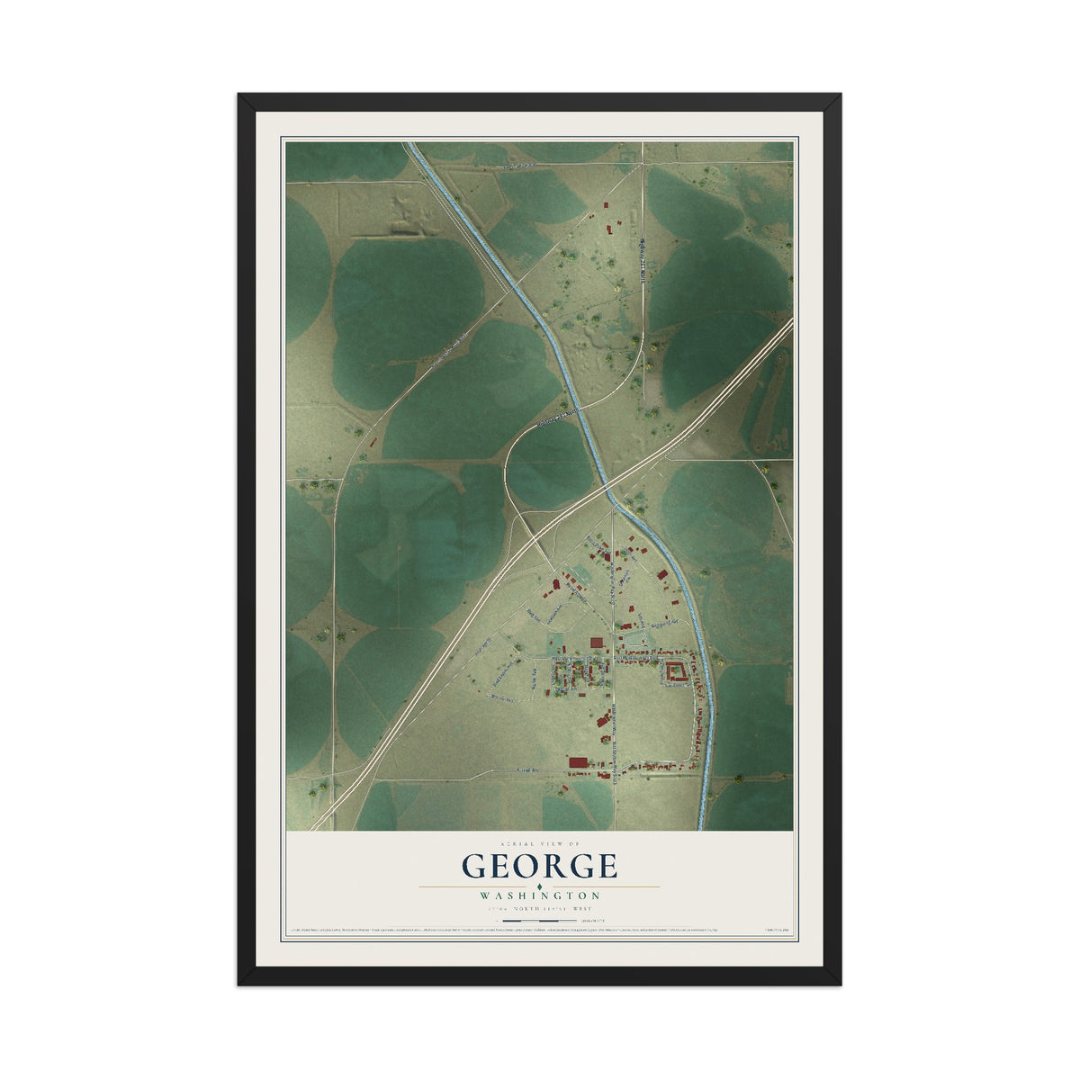 Map of George, Washington, 12 x 18 inch print in a black wood frame
