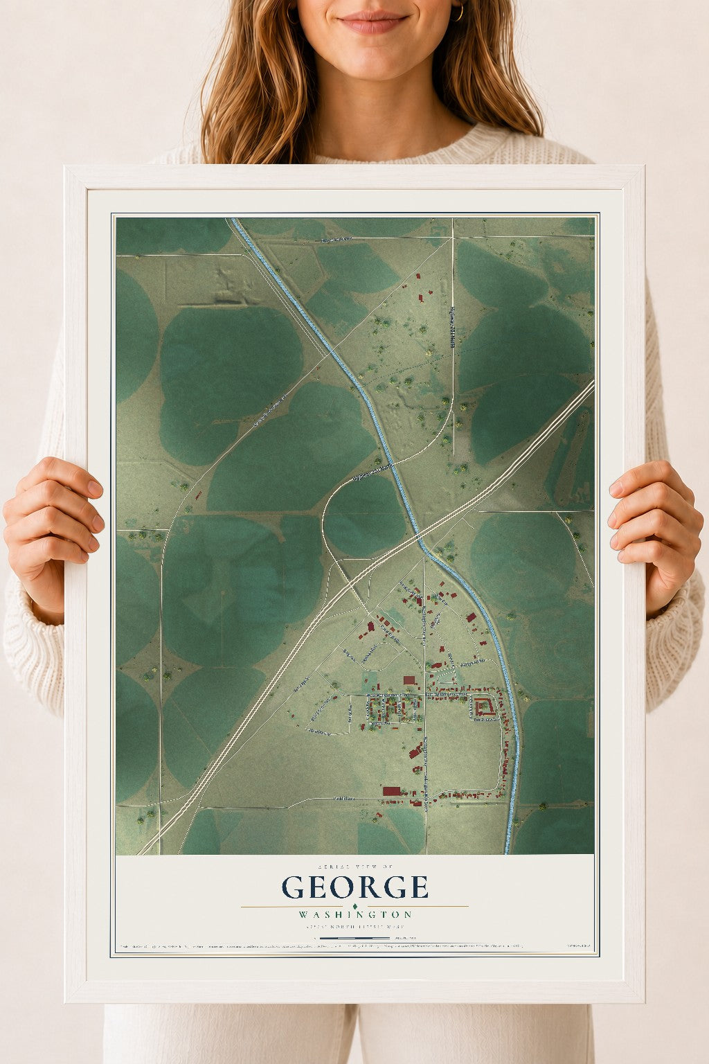 Map of George, Washington, 18 x 24 inch print in a white wood frame