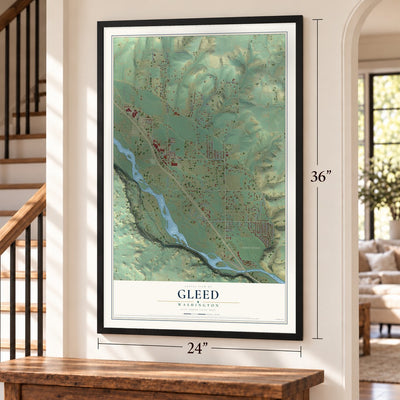 Gleed, Washington map, 24 x 36 inch print in a black frame by a staircase