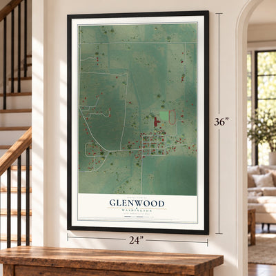 Glenwood, Washington map, 24 x 36 inch print in a black frame by a staircase