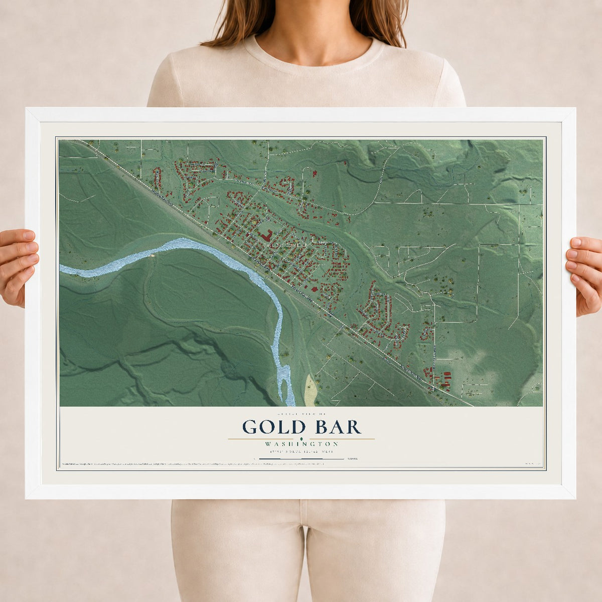Map of Gold Bar, Washington, 18 x 24 inch print in a white wood frame